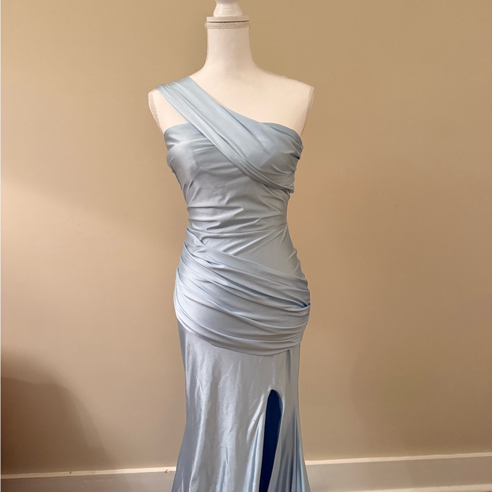 Asymmetrical One-Shoulder Light Blue Satin Evening Dress